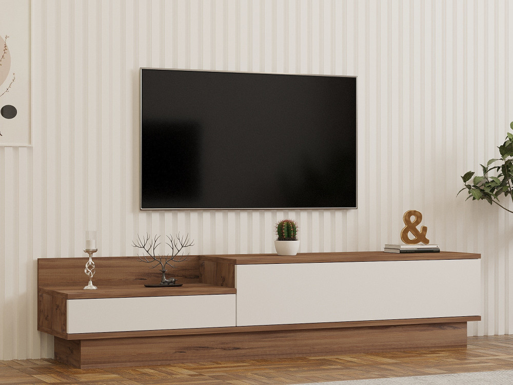 Móvel TV em madeira "Barko" - 160 x 35 x 35 cm - Pinho AtlânticoBranco