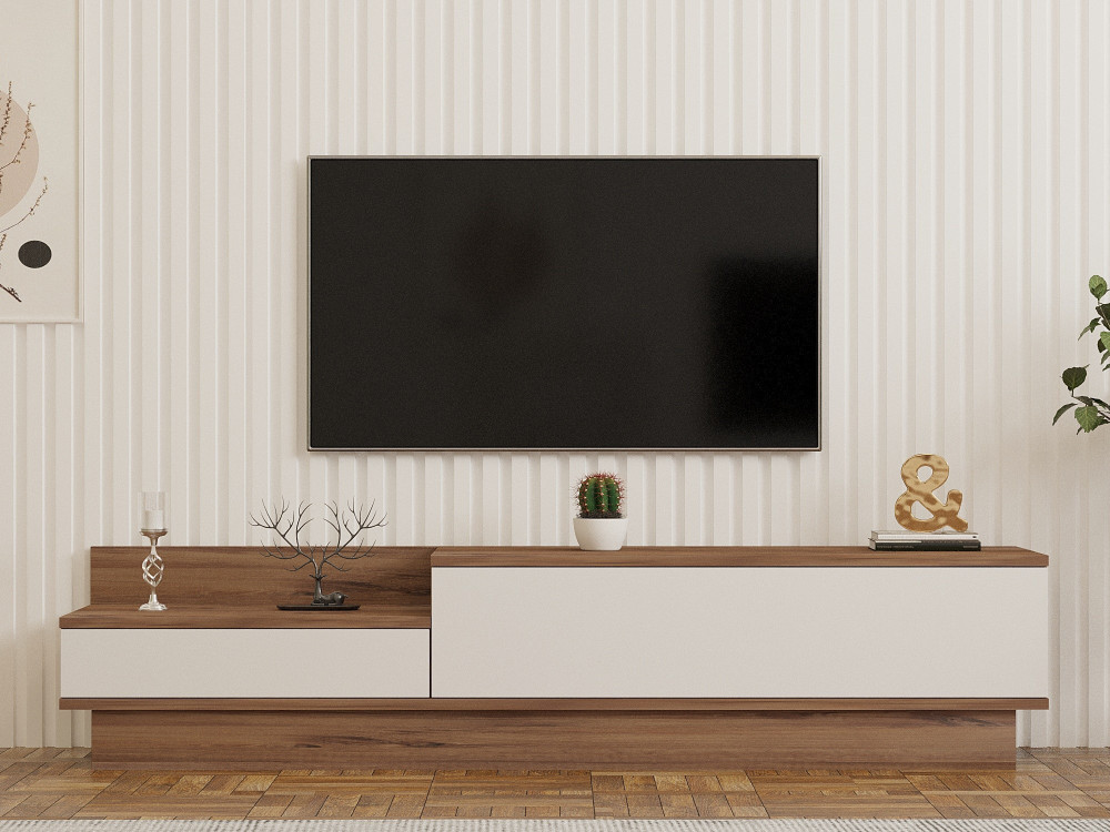 Móvel TV em madeira "Barko" - 160 x 35 x 35 cm - Pinho AtlânticoBranco