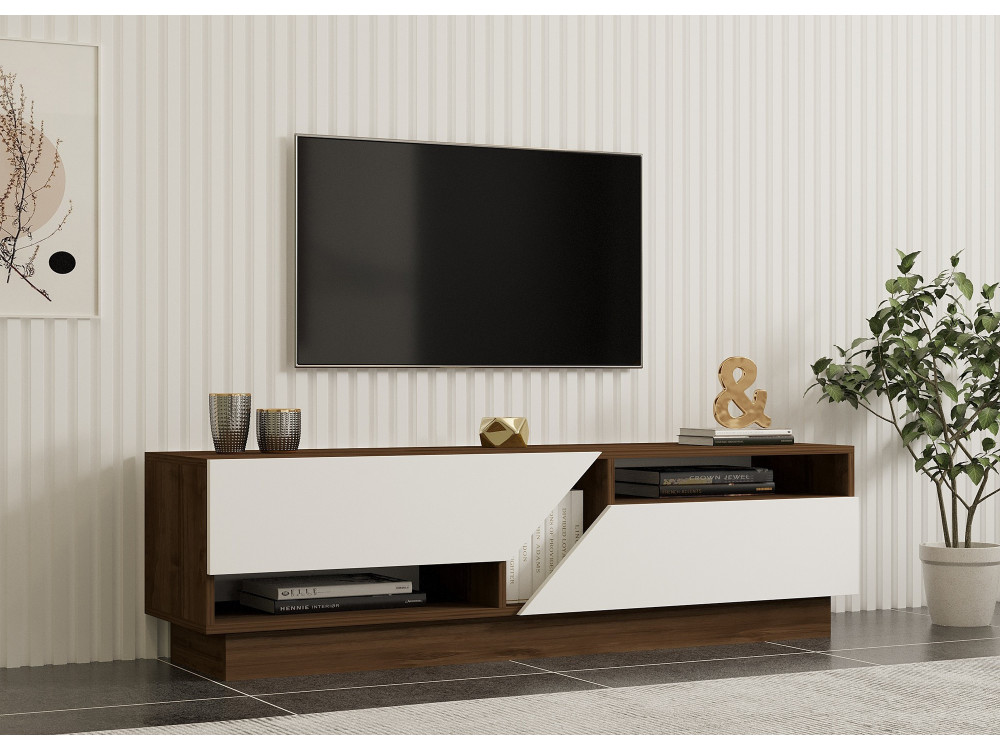 Suporte de TV em madeira "Koza" - 160 x 40 x 45 cm - NogueiraBranco
