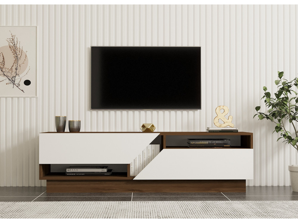 Suporte de TV em madeira "Koza" - 160 x 40 x 45 cm - NogueiraBranco