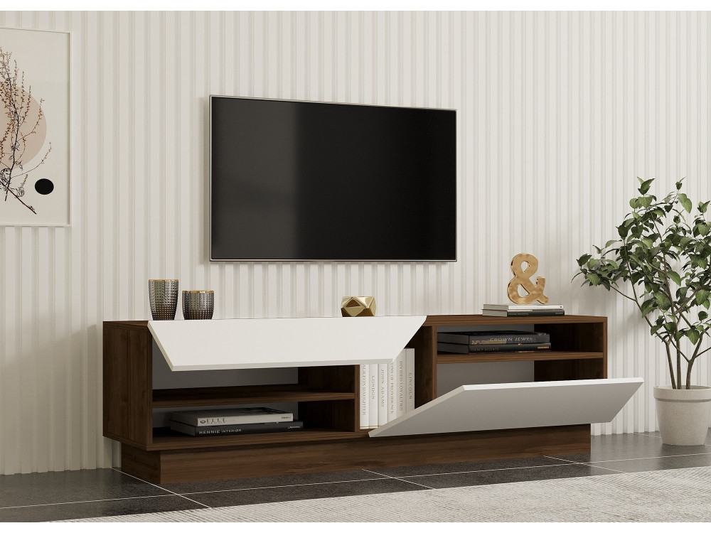 Suporte de TV em madeira "Koza" - 160 x 40 x 45 cm - NogueiraBranco