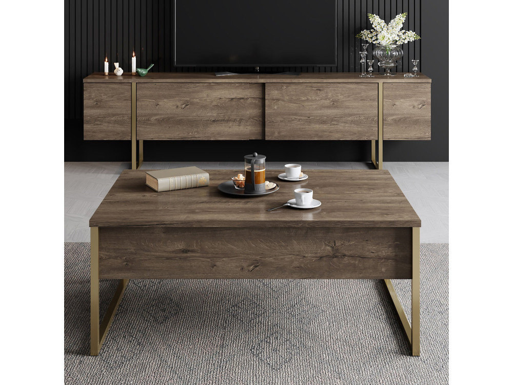Suporte de TV em madeira "Luxe" - 180 x 30 x 50 cm - Nogueira-Dourado