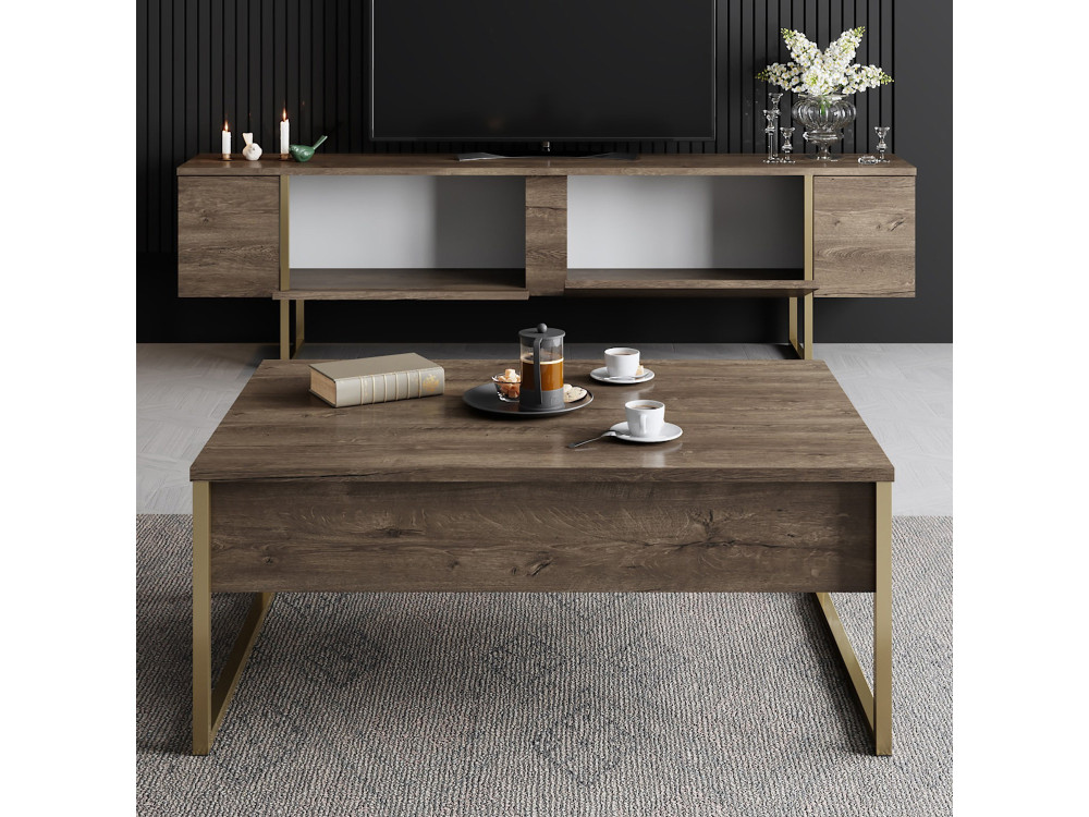 Suporte de TV em madeira "Luxe" - 180 x 30 x 50 cm - Nogueira-Dourado