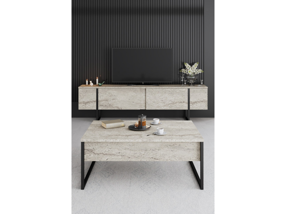 Suporte de TV em madeira "Luxe" - 180 x 30 x 50 cm - TravertinoPreto