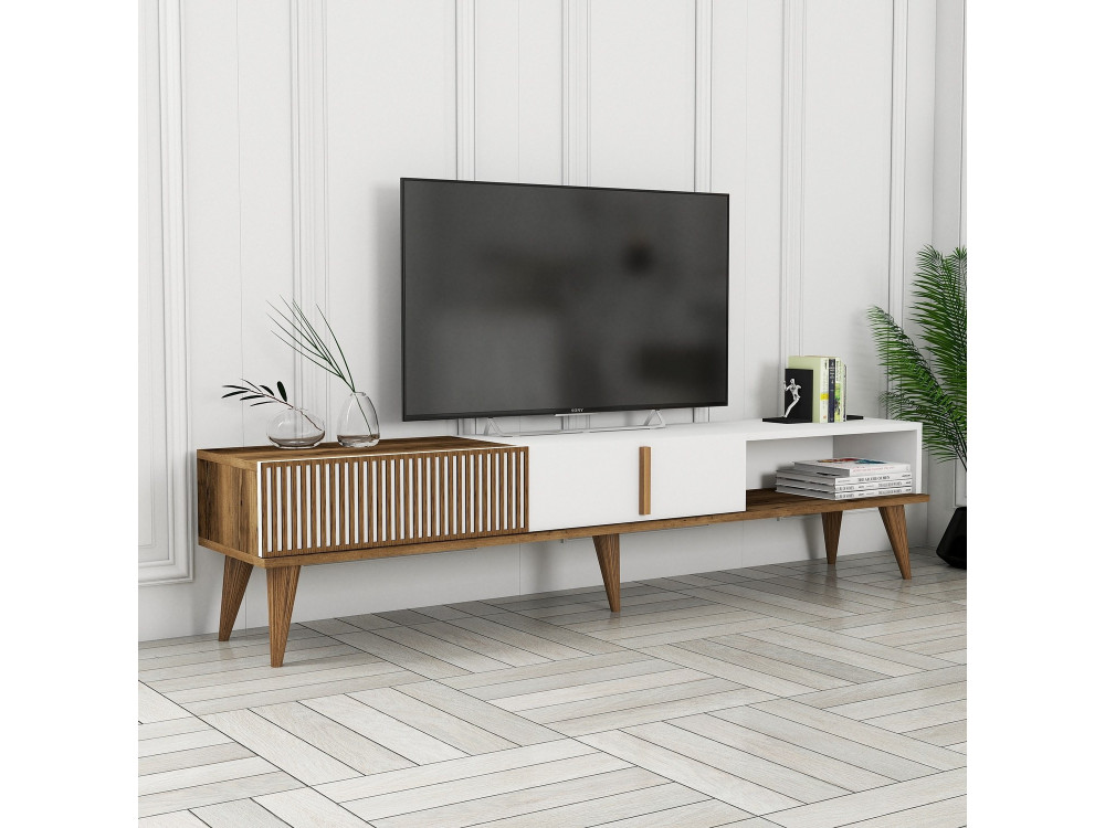Suporte para televisor em madeira "Milan" - 180 x 35 x 40 cm - Nogueira, Branco