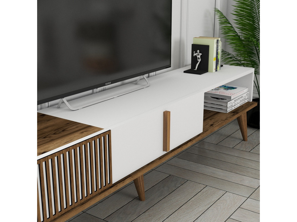 Suporte para televisor em madeira "Milan" - 180 x 35 x 40 cm - Nogueira, Branco