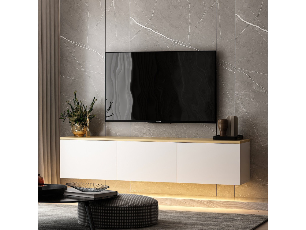 Móvel TV de madeira suspenso "Neon" com iluminação LED - 160 x 32 x 35 cm - Branco