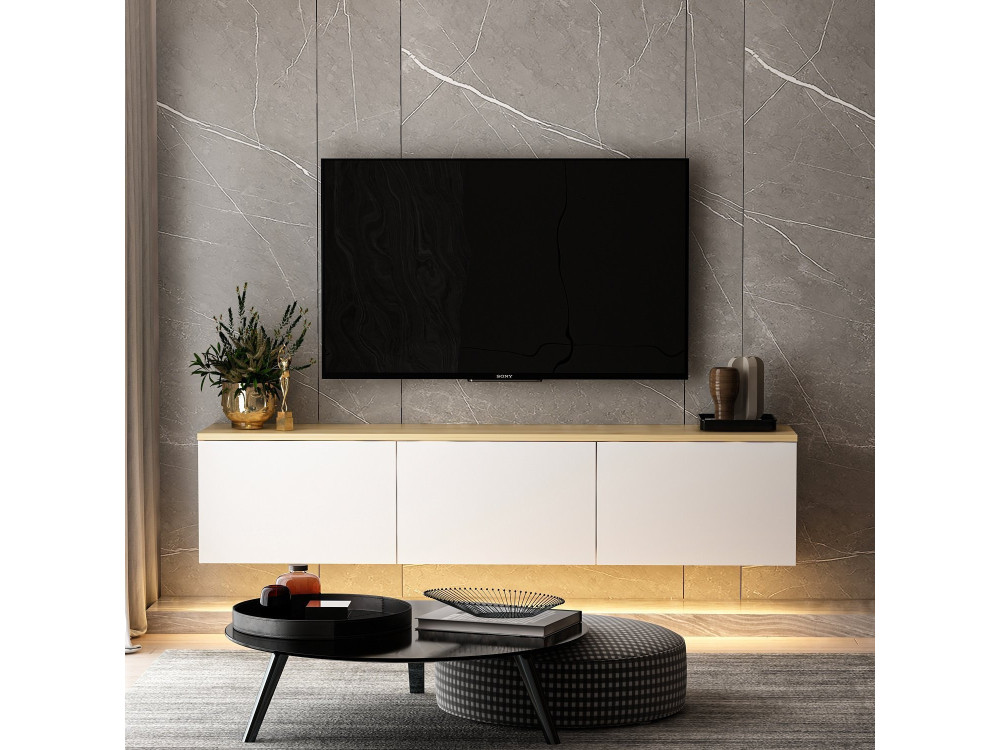 Móvel TV de madeira suspenso "Neon" com iluminação LED - 160 x 32 x 35 cm - Branco