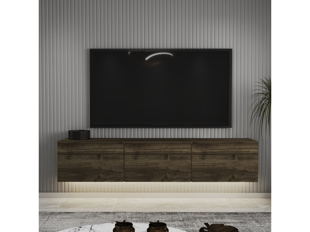 Móvel TV de madeira suspenso "Neon" com iluminação LED - 160 x 32 x 35 cm - Castanho escuro