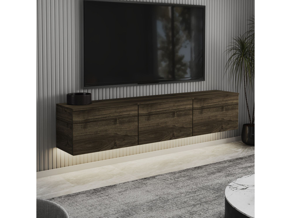 Móvel TV de madeira suspenso "Neon" com iluminação LED - 160 x 32 x 35 cm - Castanho escuro