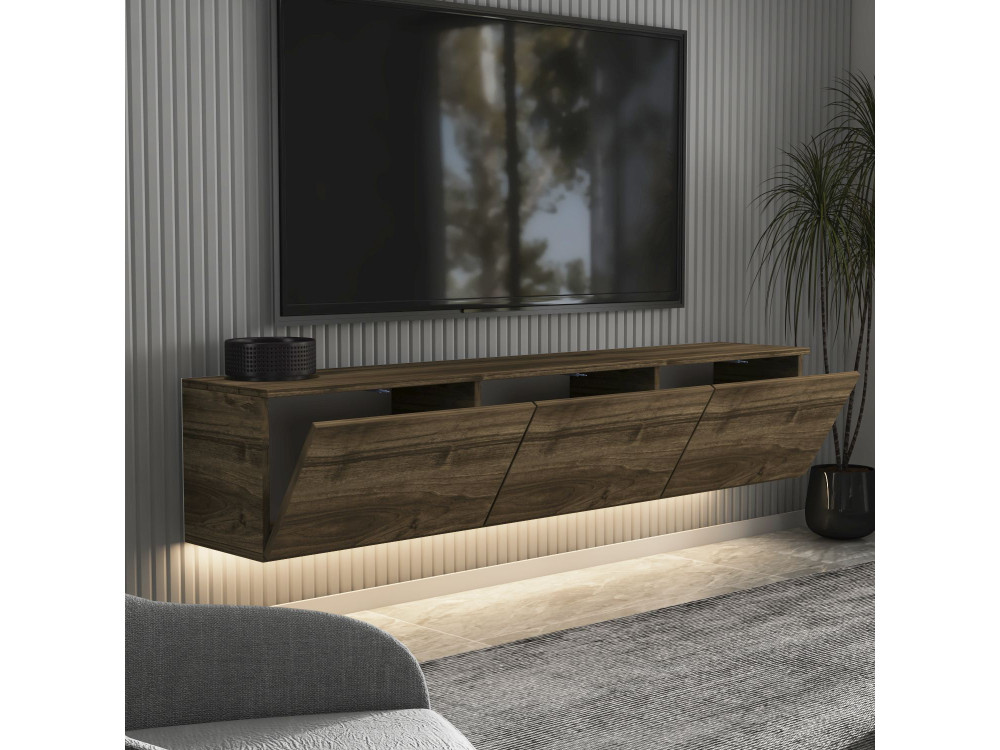 Móvel TV de madeira suspenso "Neon" com iluminação LED - 160 x 32 x 35 cm - Castanho escuro