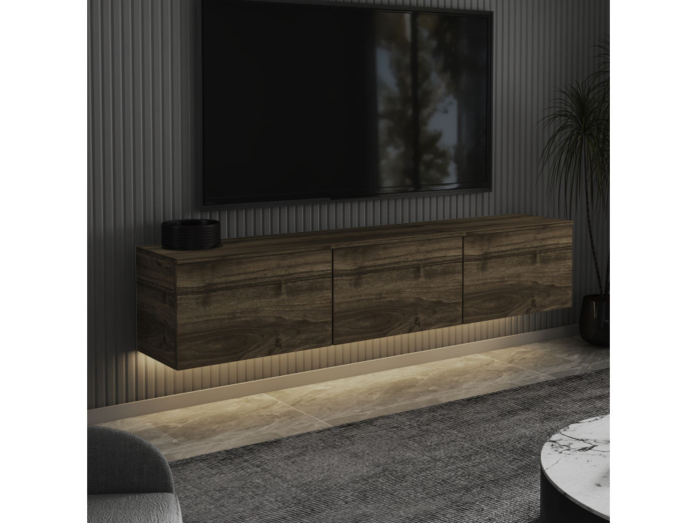 Móvel TV de madeira suspenso "Neon" com iluminação LED - 160 x 32 x 35 cm - Castanho escuro