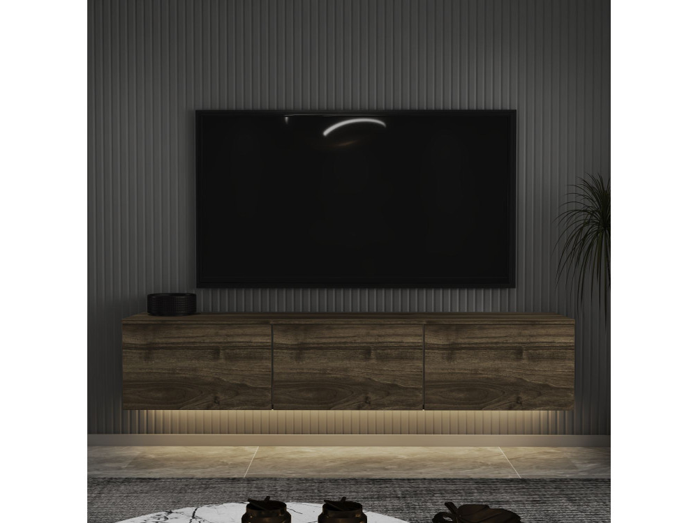 Móvel TV de madeira suspenso "Neon" com iluminação LED - 160 x 32 x 35 cm - Castanho escuro