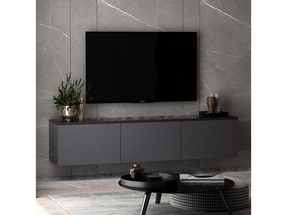 Móvel TV de madeira suspenso "Neon" com iluminação LED - 160 x 32 x 35 cm - Cinzento antracite