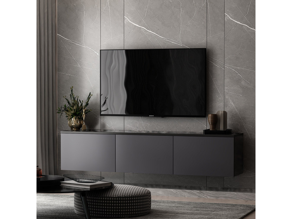 Móvel TV de madeira suspenso "Neon" com iluminação LED - 160 x 32 x 35 cm - Cinzento antracite
