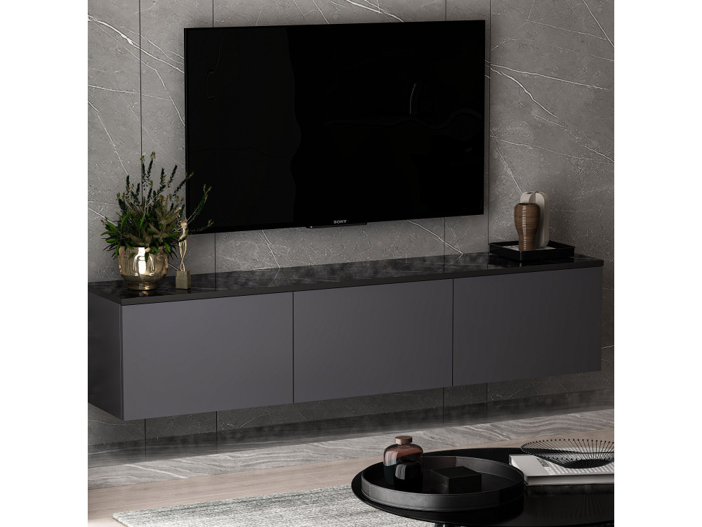 Móvel TV de madeira suspenso "Neon" com iluminação LED - 160 x 32 x 35 cm - Cinzento antracite