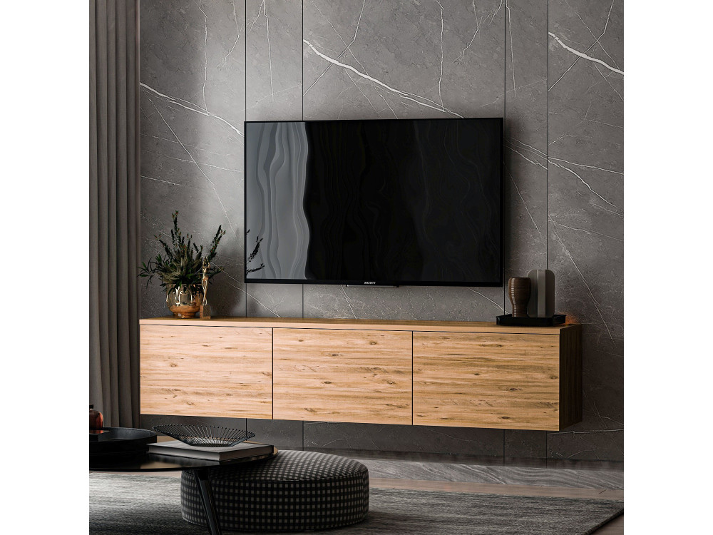 Móvel TV de madeira suspenso "Neon" com iluminação LED - 160 x 32 x 35 cm - Castanho claro