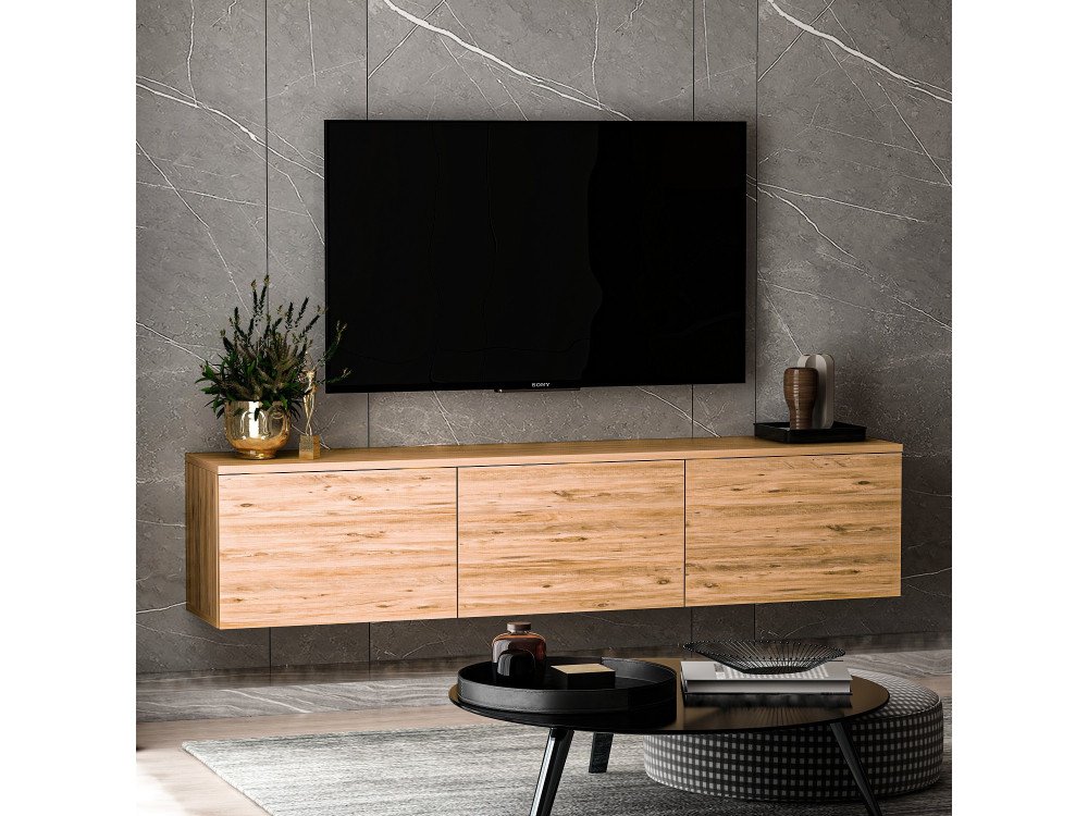 Móvel TV de madeira suspenso "Neon" com iluminação LED - 160 x 32 x 35 cm - Castanho claro