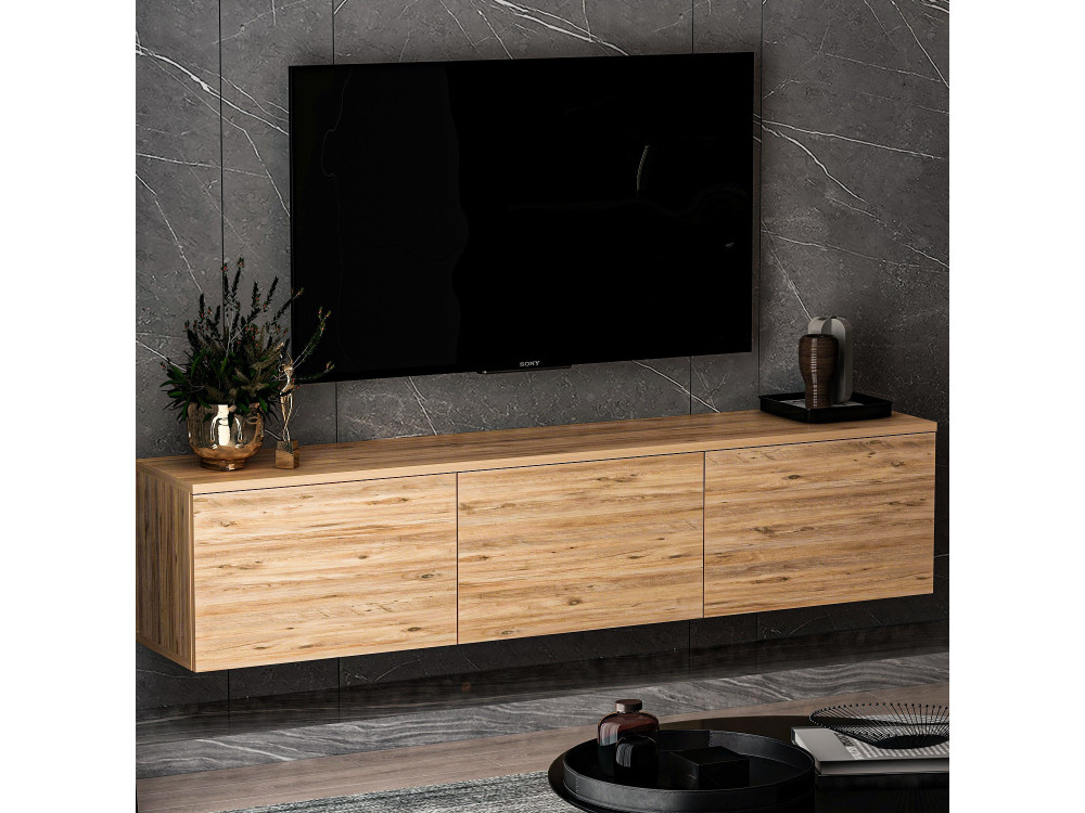 Móvel TV de madeira suspenso "Neon" com iluminação LED - 160 x 32 x 35 cm - Castanho claro
