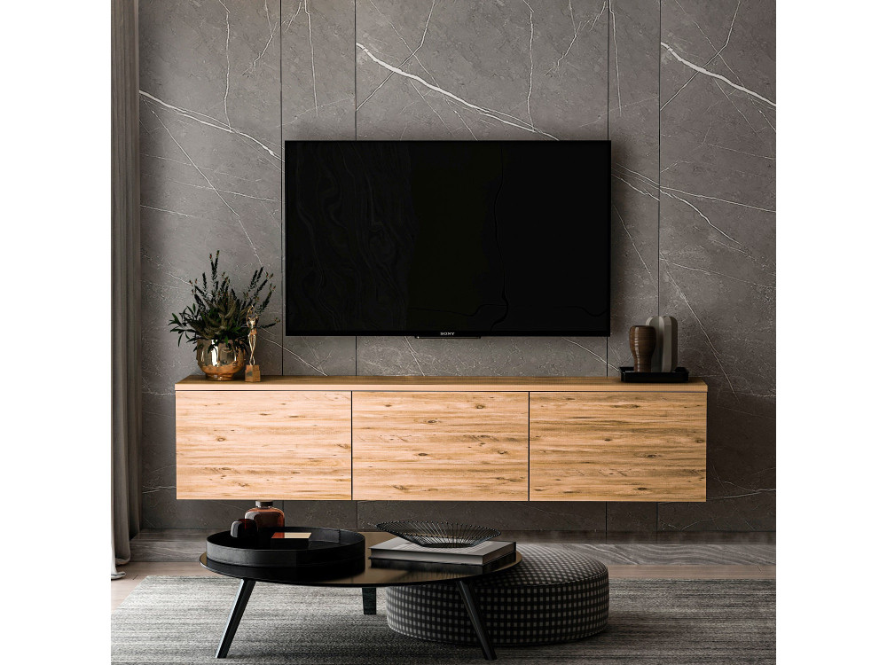 Móvel TV de madeira suspenso "Neon" com iluminação LED - 160 x 32 x 35 cm - Castanho claro