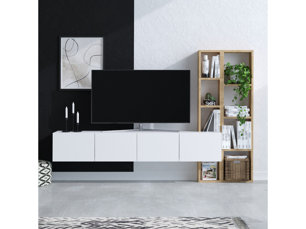 Suporte de TV em madeira "Pana" - 182 x 32 x 25 cm - Branco, Carvalho