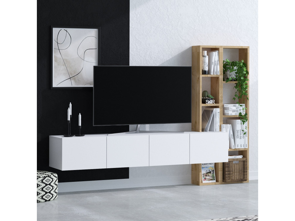 Suporte de TV em madeira "Pana" - 182 x 32 x 25 cm - Branco, Carvalho