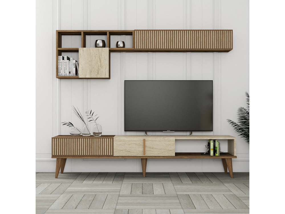 Suporte para televisor em madeira "Milan" - 180 x 35 x 40 cm - Nogueira, Travertino