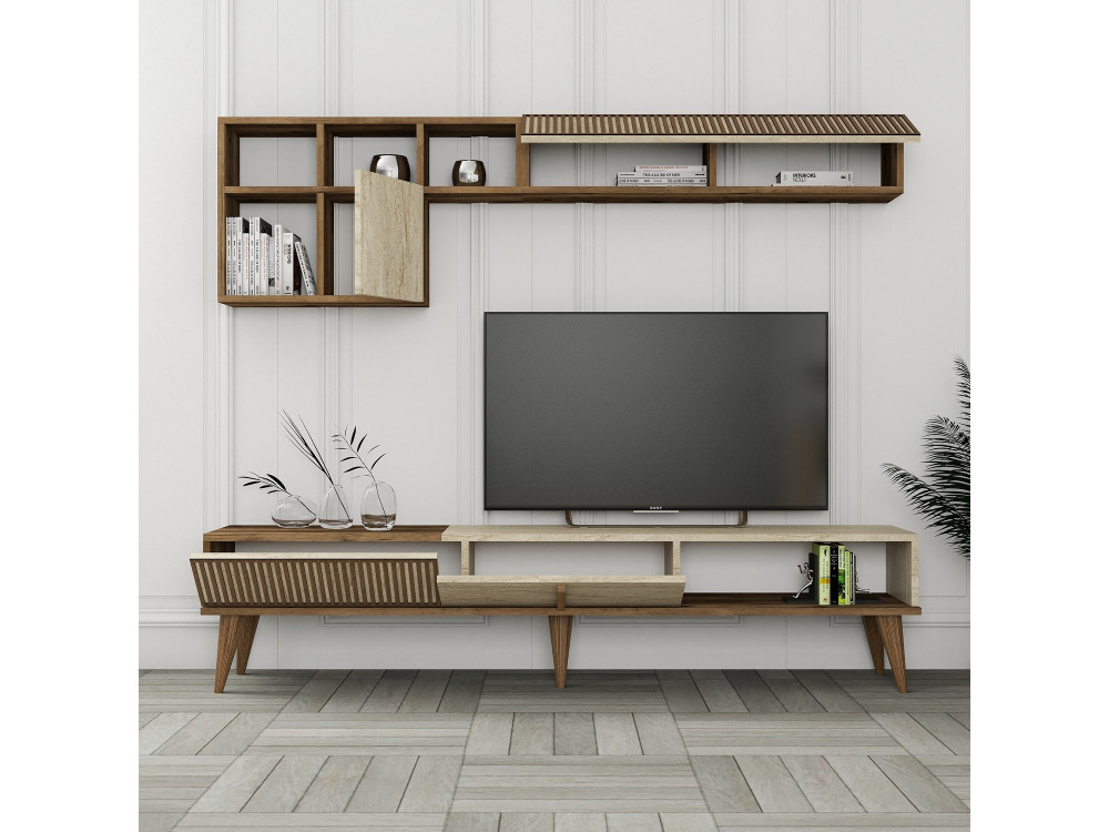 Suporte para televisor em madeira "Milan" - 180 x 35 x 40 cm - Nogueira, Travertino