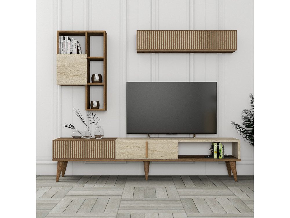Suporte para televisor em madeira "Milan" - 180 x 35 x 40 cm - Nogueira, Travertino