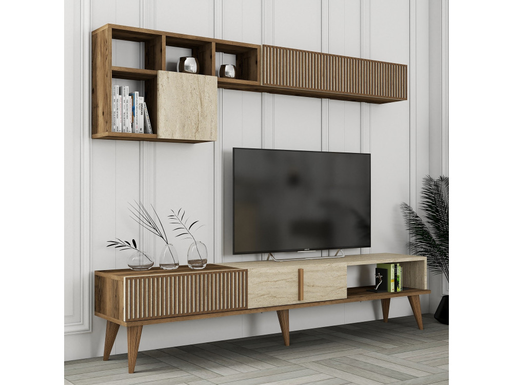Suporte para televisor em madeira "Milan" - 180 x 35 x 40 cm - Nogueira, Travertino