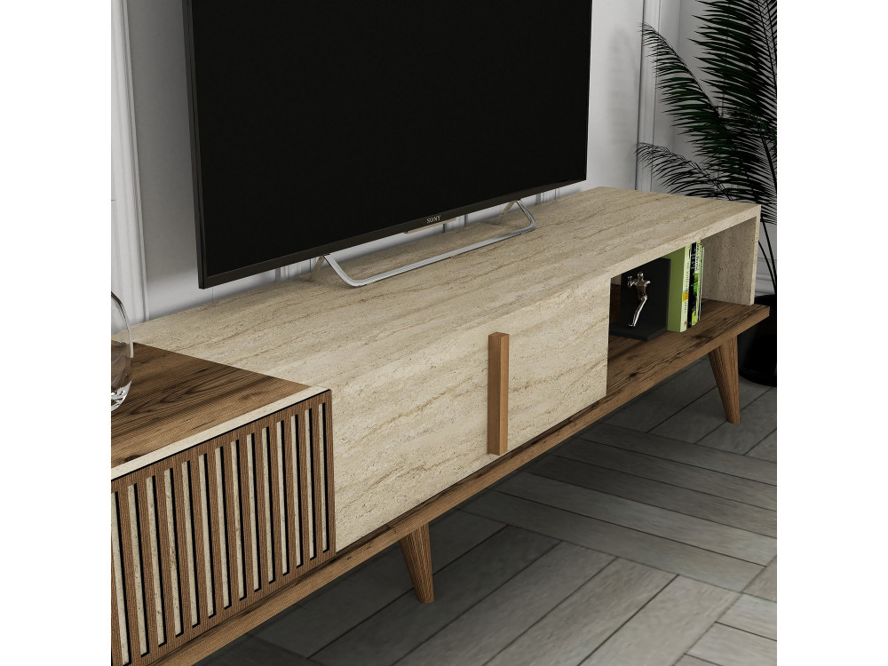 Suporte para televisor em madeira "Milan" - 180 x 35 x 40 cm - Nogueira, Travertino