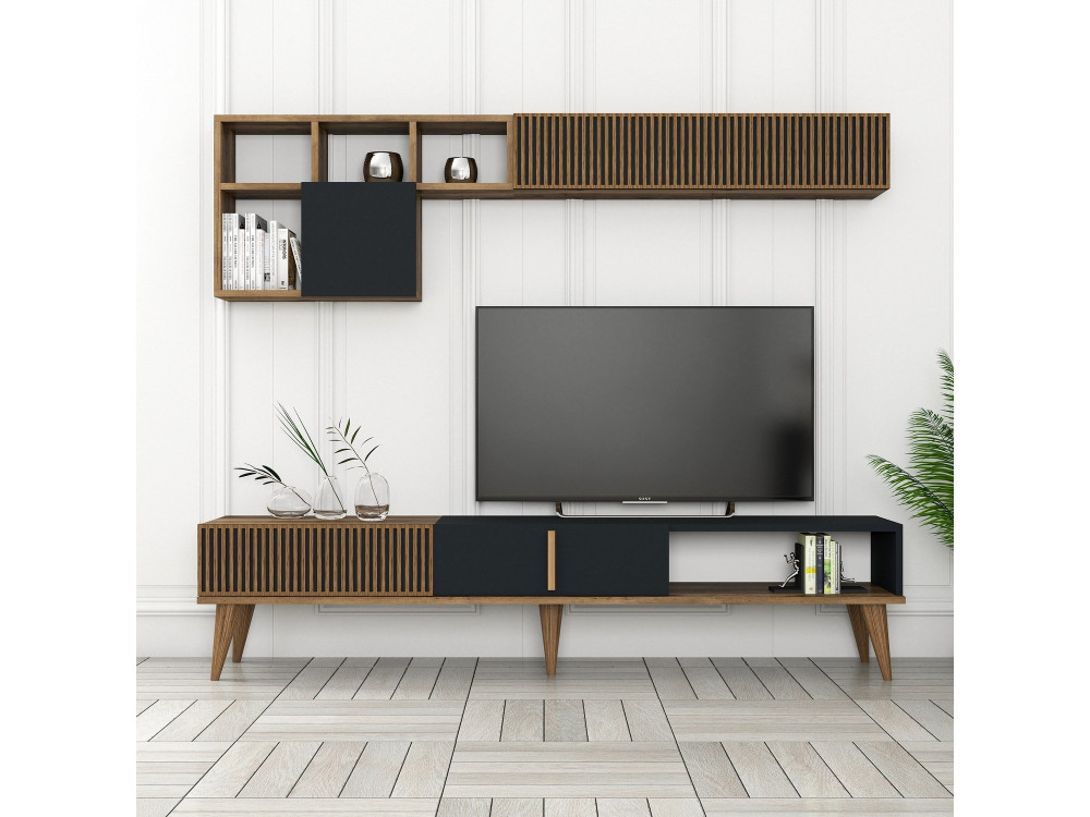 Suporte de TV em madeira "Milan" - 180 x 35 x 40 cm - Nogueira, Antracite