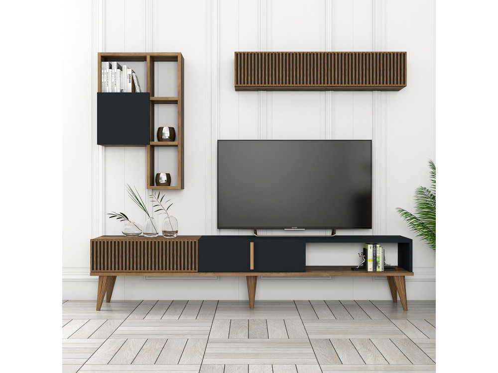 Suporte de TV em madeira "Milan" - 180 x 35 x 40 cm - Nogueira, Antracite