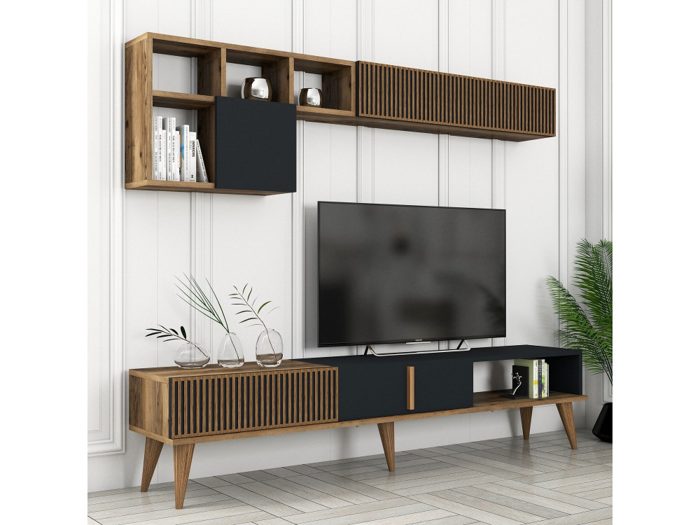 Suporte de TV em madeira "Milan" - 180 x 35 x 40 cm - Nogueira, Antracite
