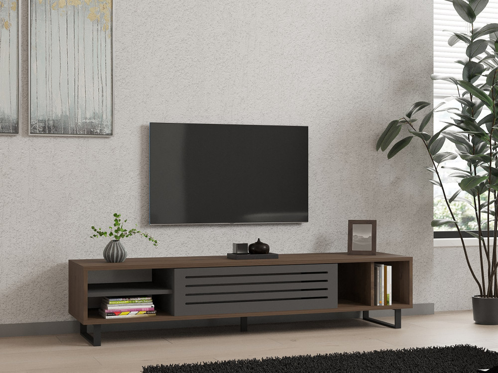 Mesa de TV em madeira "Eray" - 160 x 40 x 35 cm - Nogueira, Antracite