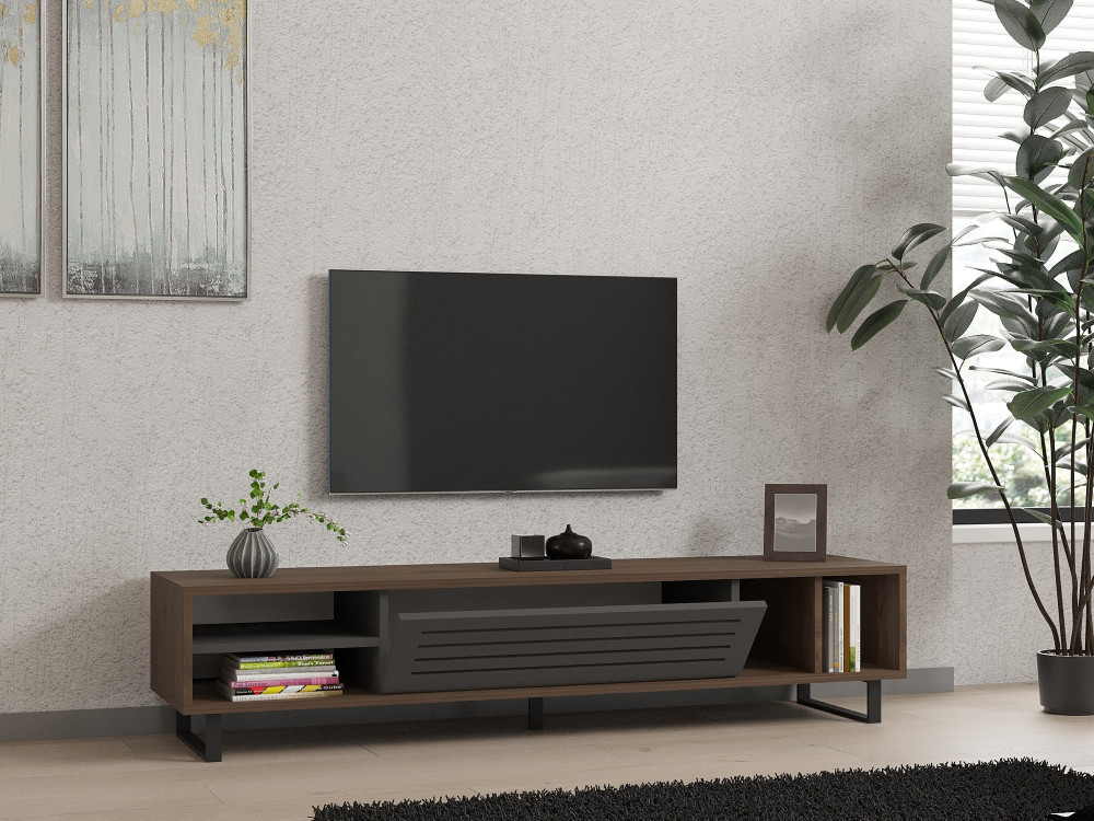 Mesa de TV em madeira "Eray" - 160 x 40 x 35 cm - Nogueira, Antracite