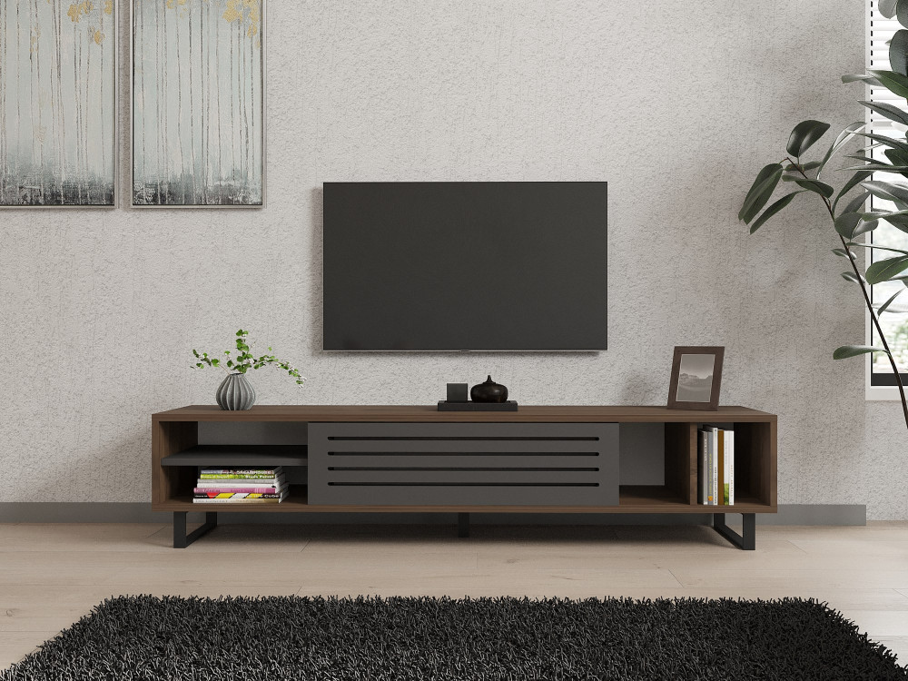 Mesa de TV em madeira "Eray" - 160 x 40 x 35 cm - Nogueira, Antracite