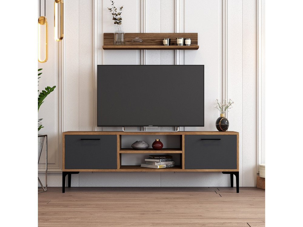 Suporte para televisor em madeira "Riga" - 140 x 30 x 48 cm - Nogueira-Antracite