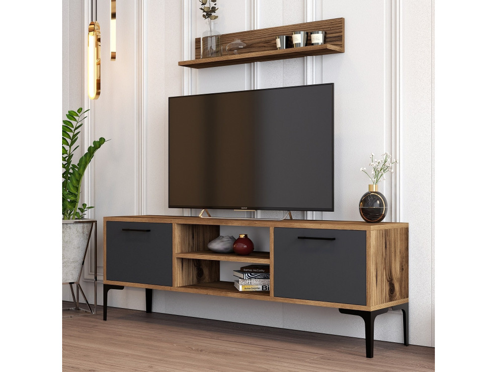Suporte para televisor em madeira "Riga" - 140 x 30 x 48 cm - Nogueira-Antracite