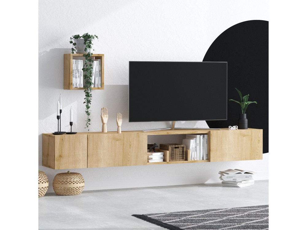 Suporte de TV em madeira "Avior" com prateleira de parede - 180 x 32 x 25 cm - Bege