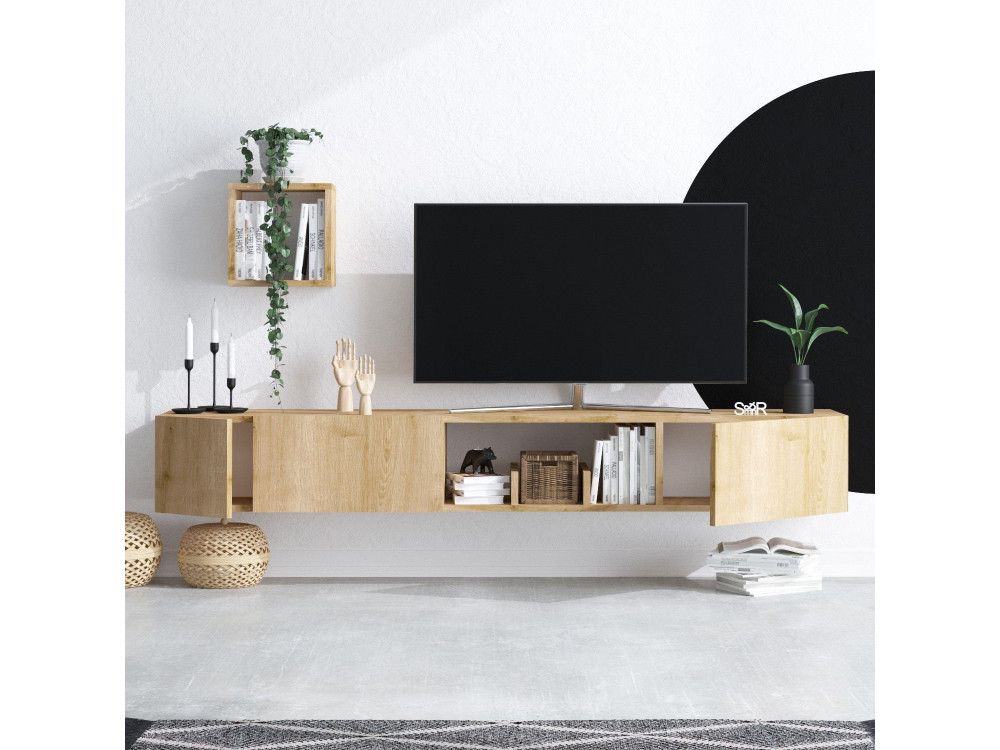 Suporte de TV em madeira "Avior" com prateleira de parede - 180 x 32 x 25 cm - Bege
