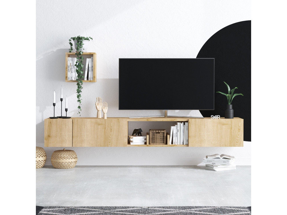 Suporte de TV em madeira "Avior" com prateleira de parede - 180 x 32 x 25 cm - Bege