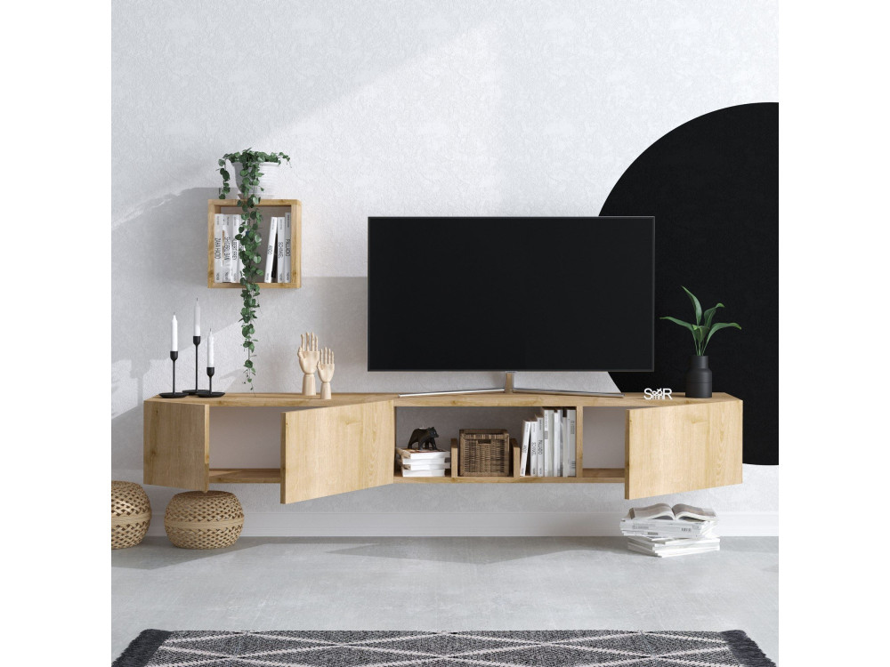 Suporte de TV em madeira "Avior" com prateleira de parede - 180 x 32 x 25 cm - Bege