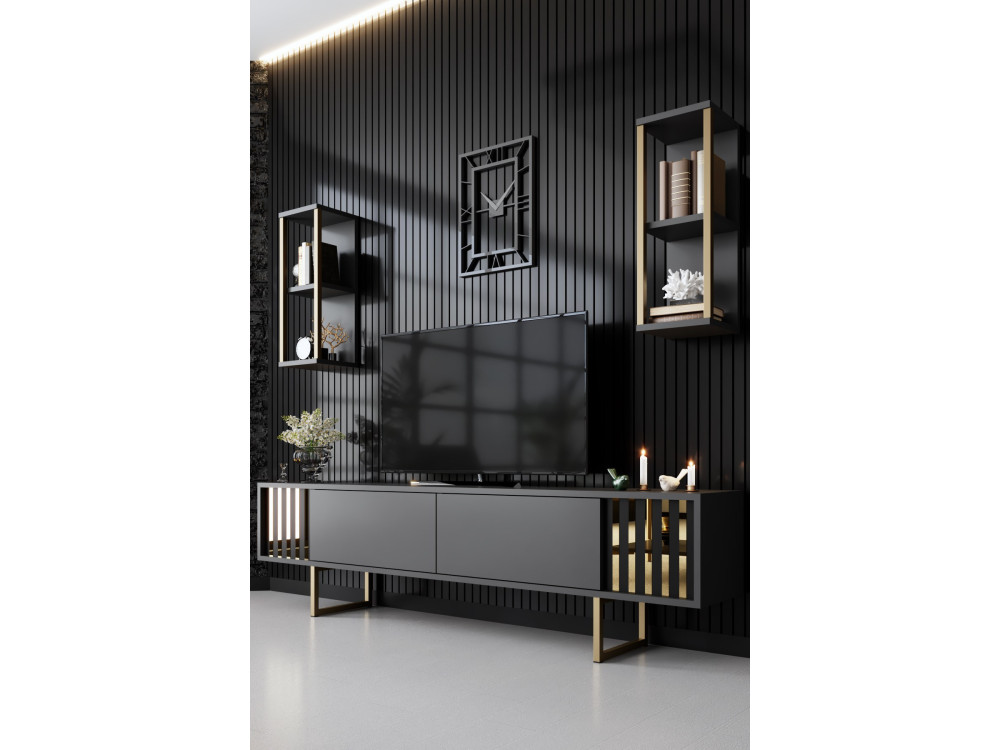 Suporte para TV em madeira "Gold Line" - 180 x 30 x 48 cm - Preto antracite