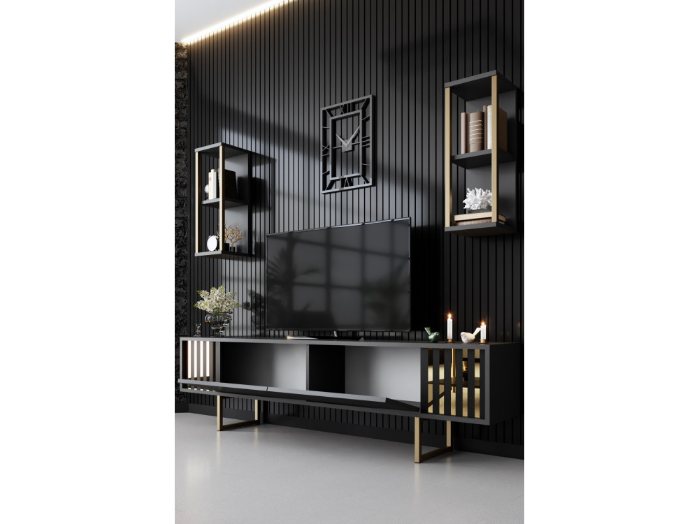 Suporte para TV em madeira "Gold Line" - 180 x 30 x 48 cm - Preto antracite