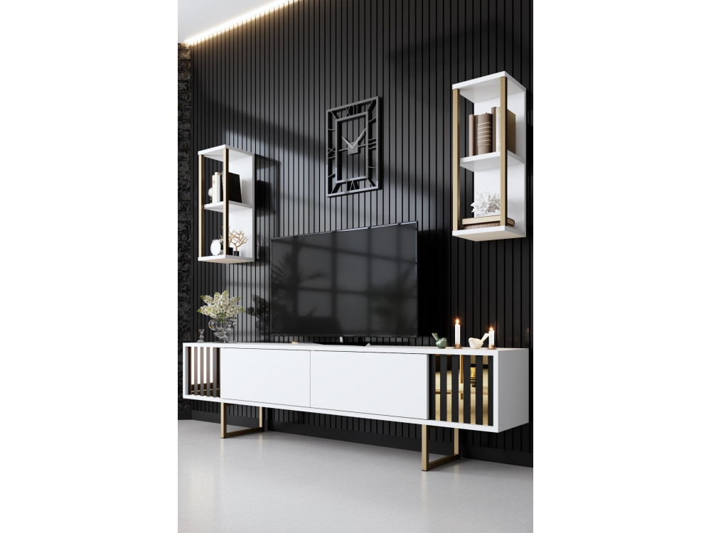 Suporte de TV em madeira "Gold Line" - 180 x 30 x 48 cm - BrancoPreto