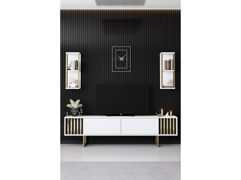 Suporte de TV em madeira "Gold Line" - 180 x 30 x 48 cm - BrancoPreto