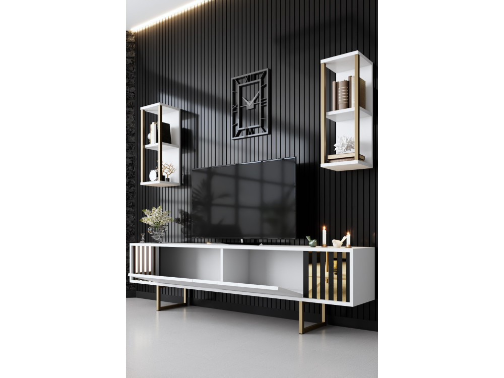 Suporte de TV em madeira "Gold Line" - 180 x 30 x 48 cm - BrancoPreto