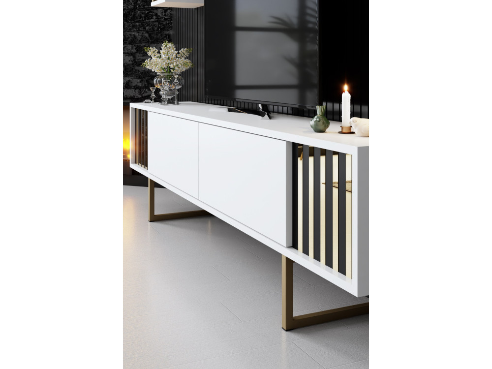 Suporte de TV em madeira "Gold Line" - 180 x 30 x 48 cm - BrancoPreto