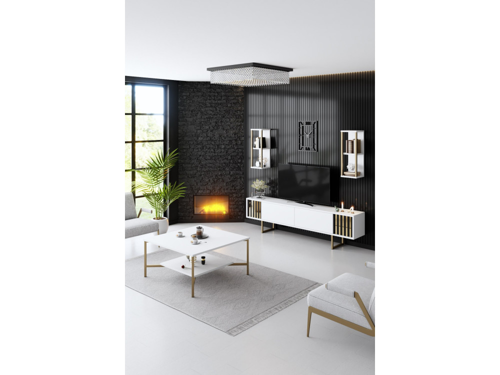 Suporte de TV em madeira "Gold Line" - 180 x 30 x 48 cm - BrancoPreto